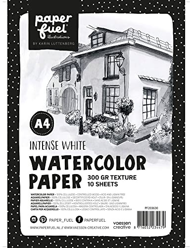 Paperfuel Blocco di carta ad acquerello, bianco, 300 grammi/m², 10 fogli, DIN A4, texture, album da disegno per pittura ad acquerello, lettering a mano, pennello e altri lavori di carta