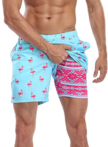 LRD Mens Swim Trunks with Compression Liner 7 inch Inseam Quick Dry Swim Shorts Party Like a Flock Star/Tribal - XXL