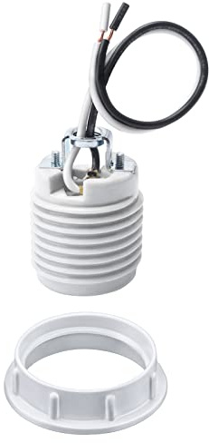 DiCUNO Medium Base E26 Ceramic Light Threaded Socket with White Shade Ring, Standard Screw-in Light Bulb Socket, UL Listed Porcelain Pre-Wired Lead 6 Inches Lamp Holder for Halogen LED Bulb, 1 Pack