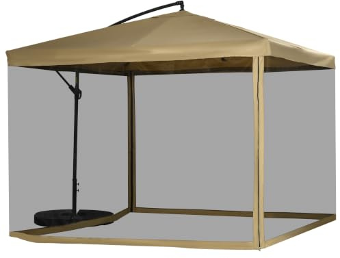 Outsunny Parasol déporté avec moustiquaire, Base, Beige | Auvent déporté réglable, base en croix, plaques de poids, 8 nervures, pour jardin, piscine, extérieur