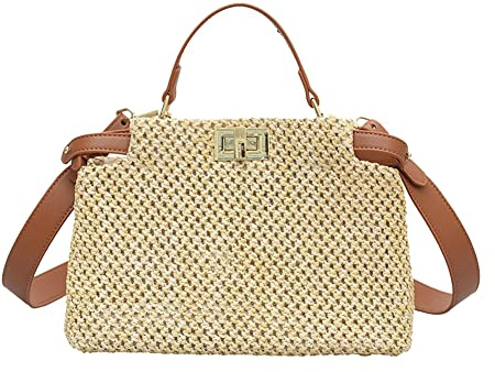 Sac de plage en paille pour femme - Petit sac fourre-tout en paille - Sac à bandoulière chic - Sac à main à bandoulière - 2023, marron