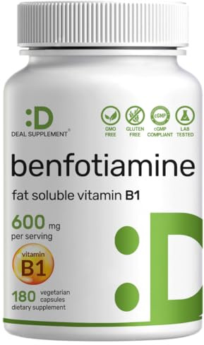 Benfotiamine 600mg Per Serving, 180 Veggie Capsules (300mg Per Cap) – Fat Soluble Vitamin B1 Thiamine Supplement – 3rd Party Tested, Vegan, Non-GMO, Gluten Free