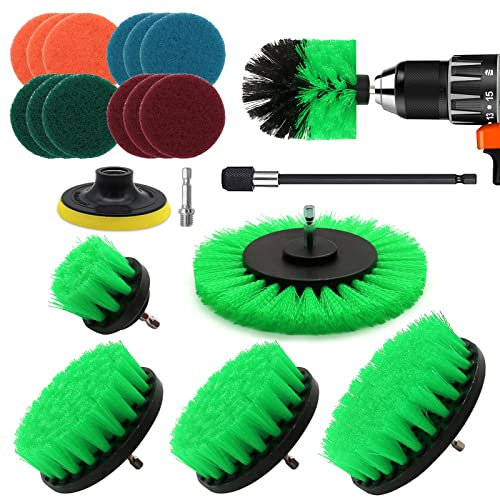 VIBRATITE Set di 20 spazzole per trapano a batteria, spazzola per la pulizia dei cerchioni, kit per la pulizia dei cerchioni, Power Scrubber per bagno, cerchioni e tappezzeria, verde