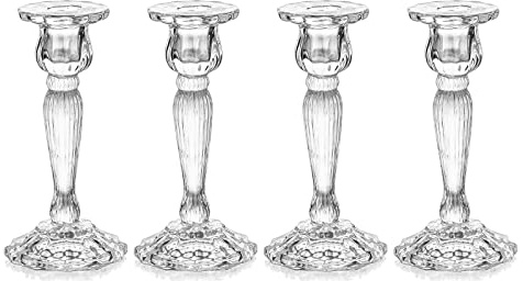 Romadedi Kerzenständer Glas für Stabkerzen, 4er-Pack, 18 cm | Tulpenform mit geriffeltem Fuß und 2,2-cm-Kerzenöffnung; für Hochzeitstafeln, Esstische und saisonale Dekorationen