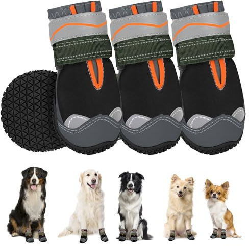 SlowTon Hundeschuhe Pfotenschutz, 4 Stück wasserdichte Hunde Schuhe Outdoor mit Rutschfester Sohle, reflektierendem Klettverschluss Hundestiefel für kleine mittlere große Hunde Winter