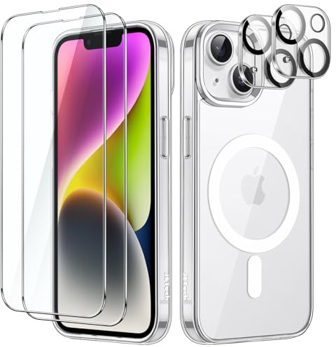 JETech 5-in-1 Magnetische Hülle für iPhone 14, Durchsichtig | Kompatibel mit MagSafe, 2 Gehärtete Glas Schutzfolien, 2 Kameraschutz Folien, Stoßfeste Handyhülle