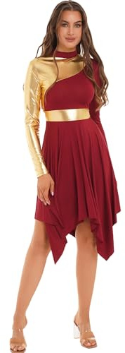 TiaoBug Vestido Brillante de Ballet para Mujer Disfraz de Danza Cristiana Vestido de Tul Asimétrica Vestidos Baile de Salón Contemporánea Borgoña XXL