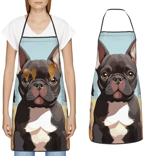YoupO Kochschürze mit französischer Bulldogge, niedlicher Druck, mit großen Taschen, Küchenschürze, wasserdicht, Arbeitsschürze für Männer und Frauen, Weiss/opulenter Garten, Einheitsgröße