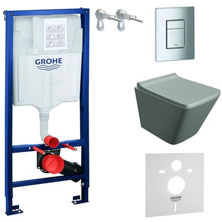 LAVITA Vorwandelement Solido + Wand Hänge WC Lago Grau Spülrandlos + WC-Sitz SoftClose Verchromter Knopf Komplettset Unterputz Spülkasten Toilette Komplett Sett WC