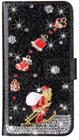 Handyhülle für Samsung Galaxy S24, Glitzer Diamant Hülle Weihnachten Leder TPU Bumper Klapphülle Magnetverschluss Kartenfach Ständer Geldbörse mit Trageband Hülle für Samsung Galaxy S24, schwarz