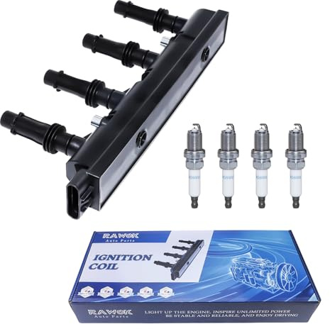 RAWOK Ignition Coil UF669 and 4 Double Iridium Spark Plugs 1675 Compatible with 2011-2015 Chevy Cruze Limited 1.4L, 2012-2020 Sonic Trax 1.4L, 2013-2021 Buick Encore 1.4L, D521C PFR7S8EG 55577898