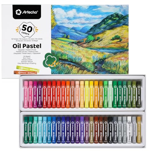 Artecho Ölpastellkreide, Set mit 50 Farben (8 x 60 mm), weiche Ölpastellkreiden für Kunstmalerei, Zeichnen, Mischen, Ölkreiden, Pastellkreiden, Kunstbedarf für Künstler, Anfänger, Lehrer