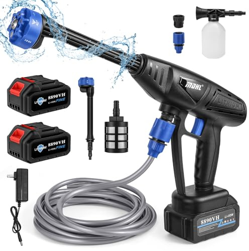 Nettoyeur Haute Pression sans Fil, 48V Nettoyeur Haute Pression avec 2 x 12000mah Batteries,Max 26Bar Nettoyeur Haute Pression sur Batterie,Buse 6 en 1,Tuyau de 5M,pour Voiture Jardins (2 x Batterie)