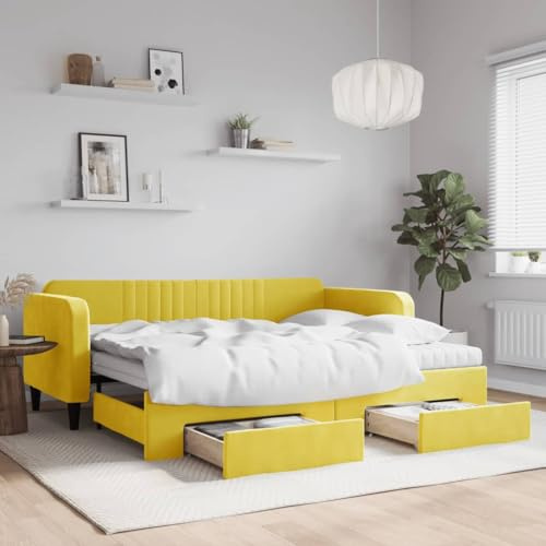 ZQQLVOO Bed Frame Lattenrost Palettenbett Bodenbett Tagesbett Ausziehbar mit Schubladen Gelb 90x200 cm Samt