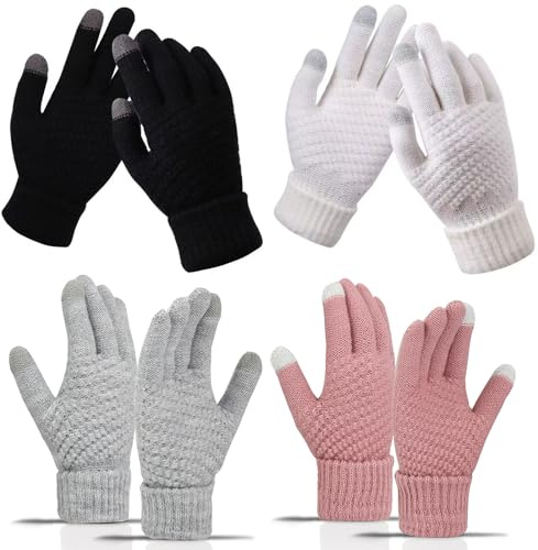 VEGCOO 4 Paires Gants Tricotés d'Hiver Femmes, Gants Chauds pour Écran Tactile, Gants Tricotés Chauds d'hiver Femme, avec Doublure Douce en Polaire Fine (noir/gris clair/blanc/rose)
