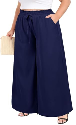 Moon Wood Pantalon Femme Haute Été Long Léger Fluide Elastique avec Poches Bleu XL
