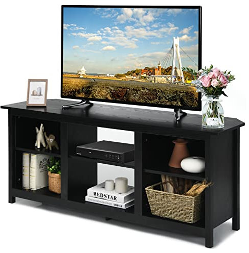 Soporte de madera para TV de 65 pulgadas con 6 estantes de almacenamiento abiertos, centro de entretenimiento multimedia, chimenea, mesa consola para sala de estar, dormitorio, color negro