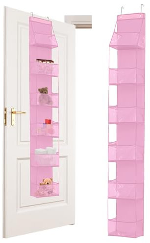 YqsIbth Over Door Storage Organiser, 6-Shelf Clear Window Pockets Organizer, Hanging Storage Organiser Behind The Door Hanging Organizer for Closet Nursery Bathroom Dorm(Pink)