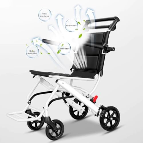 Haibinsuo Faltbarer Rollstuhl, tragbarer Transitstuhl, leicht, Mobilitätshilfe, Rollstuhl mit vier Rädern, mit verstellbarem Sicherheitsgurt, PU-Räder für Reisen, Erwachsene, ältere Menschen,