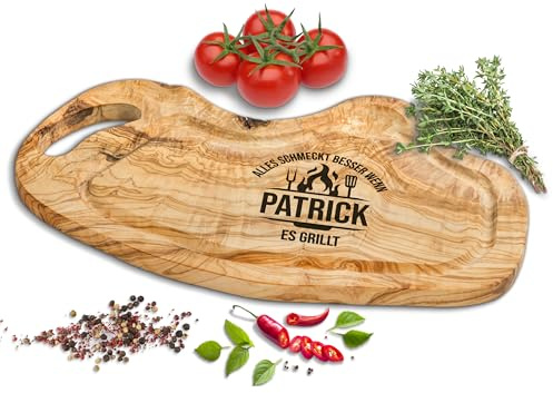 ROZTFYR Schneidebrett Personalisiert | Olivenholz | Steakbrett | Grillbrett | Grill Geschenke für Männer | Grill Zubehör | Holz Schneidebrett Individuelles Geschenk Männer | Olivenholzbrett Gravur