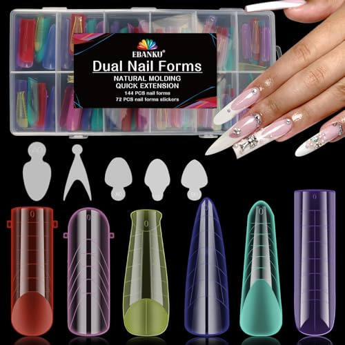EBANKU 144PCS Polygel Tips Nagelformen, Wiederverwendbar Dual Tips Nägel für Nagelverlängerung Acryl Sarg Nagel Erweiterung Tips Nagelspitzen Form Mit 72 PCS French Forms stickers(6 Stile)