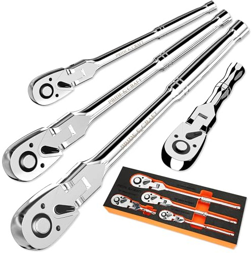 PRIDE&CRAFT 4-Piece Flex Head Ratchet, 72-Tooth Socket Wrench Set | 1/4, 3/8, 1/2 Drive, 3/8 Stubby, Quick Release Reversible Design, Swivel Head Ratchet, Chrome Alloy Made, EVA Organizer