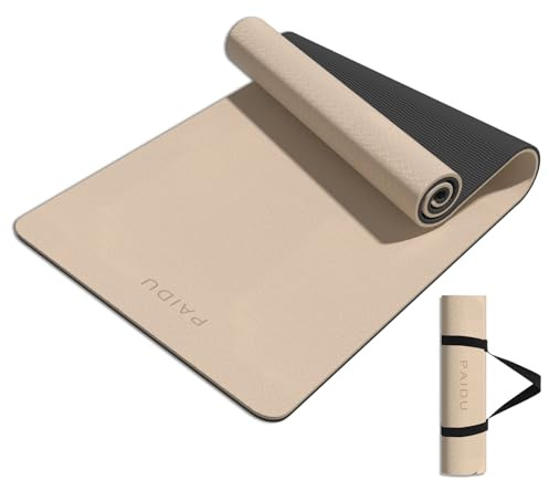 PAIDU Yoga Mat 8mm Super Thick TPE Fitness Mat | SGS Certified | Non-Slip, Odorless & Tear-Resistant | Unisex with Strap | for Yoga, Pilates, Meditation & Home Workouts (Beige&Black)