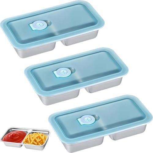 Tangjun Stainless Steel Snack Containers, 3 Pack Grab and Go Snack Containers Reusable, Double Compartment Food Storage Containers with Lids for Travel and Outdoor Camping