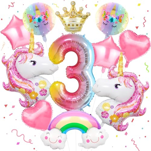 12 Stück Luftballon Einhorn Set, Rosa Geburtstagsdeko für 3 Jahre Mädchen | Runde Folienballon Einhorn, Kindergeburtstag Party Deko, mit Krone, Regenbogen, Stern, Herz, Zahl 3, für Thema Festival Party