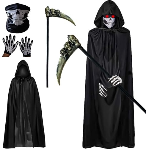 KEELYY Sensenmann Kostüm, Halloween Kostüm Sensenmann Umhang mit Kapuze, Tod Kostüm mit Gesichtsmaske Handschuhe Sense, Grim Reaper Kostum Erwachsene für Halloween, Karneval, Cosplay