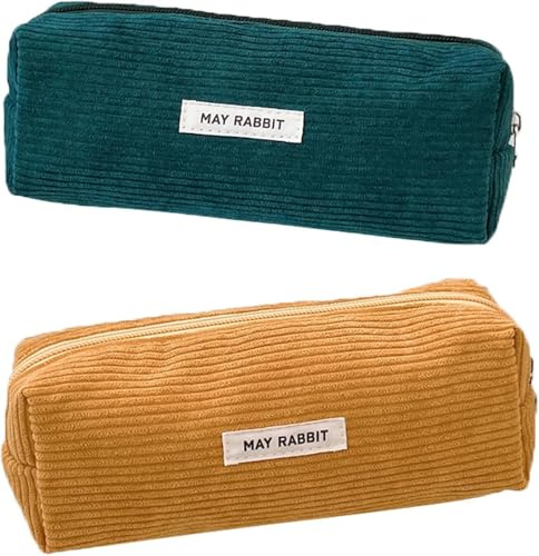 ZYEKIU 2 Stück Stiftemäppchen, Cord Stoff Pencil Case, Waschbar Stiftemäppchen Mäppchen mit Praktischem Reißverschluss Tragbares Federmappe für Teenager Männer Und Frauen (Grün+Gelb)