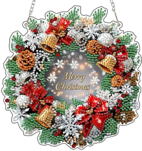 DAERLE Diamond painting colgante Corona navideña, decoración colgante de panel acrílico para puerta, ventana o jardín, con cadena, arte DIY con diamantes de imitación, Coronas navideñas
