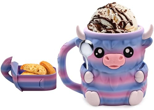 Highland Cow Ice Cream Pint Holder with Hoof Slots to Hold Your Spoon, for 16 oz Pints, Leak-Proof Popsicle , Ice Cream Cooler Container, Soda Beer Can Cup for Highland Cow Lovers (Blue and Pink)