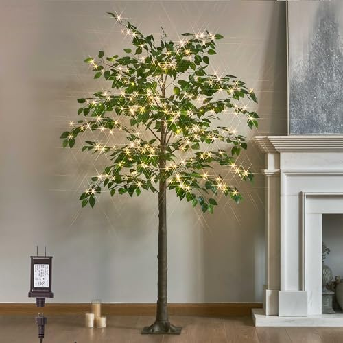 Hairui Künstlicher Ficus Seidenbaum Beleuchtung 1,2M 140 LED Lichterkette, Künstliche Zierpflanze mit Licht für Zuhause Zimmer Frühling Sommer Deko Innenbereich