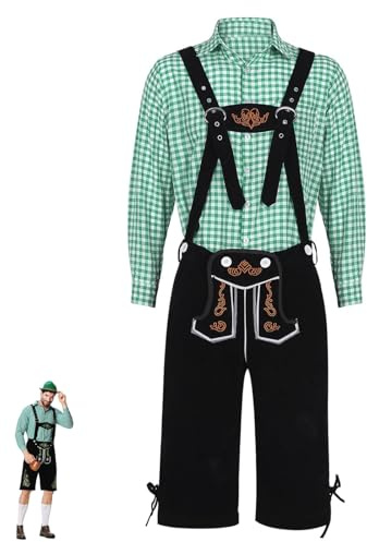 Bavarian Oktoberfest Costume Men 4 Pcs, with Embroidered Lederhosen Suspenders Set, Cords & Bavarian Shirt German Ethnic Beer Festival Fancy Dress for Halloween Christmas Celebrations Light Green