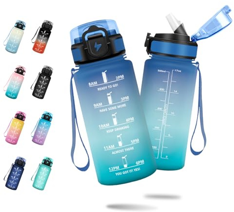 JAPORIA Borraccia Bambina 500ml, Borraccia Motivazionale con Cannuccia, a Prova di Perdite, Antigoccia, Bottiglia Acqua con Indicatore del Tempo, Borracce Sportiva per Campeggio, Corsa, Viaggio