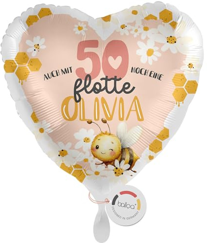 balloa Personalisierter Ballon XXL mit Namen, personalisiertes Geschenk zum 50. Geburtstag, Herzballon mit Wunschtext, Helium Luftballon Folienballon, Deko Zahl 50, Geschenkidee für Frauen, 53cm