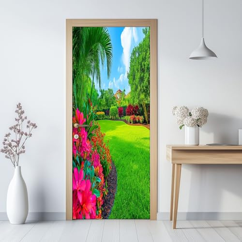 Grün Türtapete Selbstklebend TürPoster, Natürliche Blumenwiese Türfolie Fototapete PVC Wasserfest Türaufkleber Wandtattoo Für Schlafzimmer Wohnzimmer Tür Dekoration Stickers, 77 x 200 cm