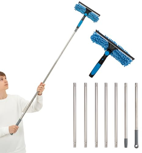 2-in-1 Window Cleaner Squeegee with Extendable Telescopic Pole – No Ladder Needed for High Windows, Glass & Car Windshield (Blue)