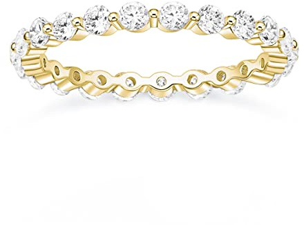 EAMTI 2mm 925 Sterling Silver Wedding Band 14K Gold Plated Round Cubic Zirconia Full Eternity Stackable Engagement Ring For Women Size 7