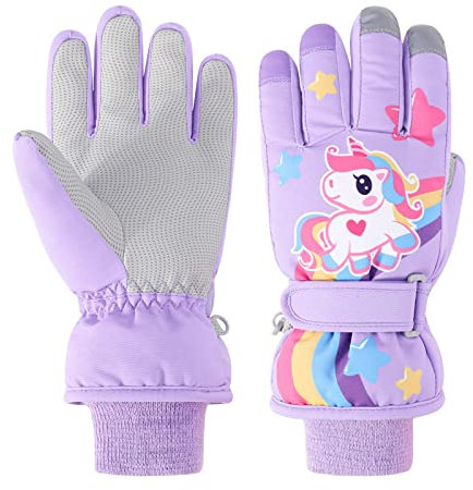 Jupsk Kinder Winter Skihandschuhe Wasserdicht Snowboard Handschuhe Anti-Rutsch Plüsch Gefüttert Warm Einhorn Handschuhe für Mädchen Jungen 5-7 Jahre alt
