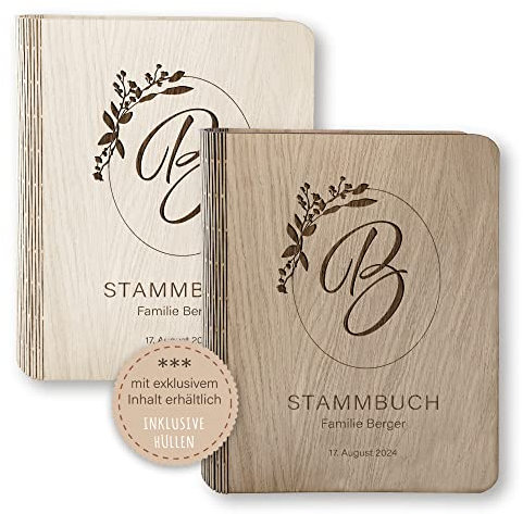 Stammbücher Holz Stammbuch der Familie personalisiert Flona Holzbuch A5 oder A4 Familienstammbuch Ornament beige braun Handarbeit