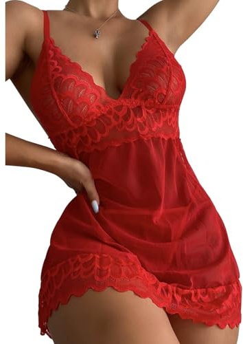 BKEPDY Kvinnors sexiga underkläder nattlinne spets V-ringning halter ärmlös axelrem tunn underkläder underkläder stringbodyklänning babydoll klänning, Röd Xl, One size