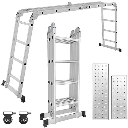 Yakimz Scala multiuso in alluminio con piattaforma, 4,7 m, 4 x 4, scala multifunzione fino a 150 kg, scala da lavoro con 2 ruote, colore argento