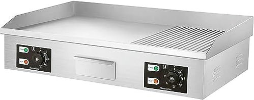 BTURYT Piastra Elettrica in Ghisa Commerciale, Superficie 73 X 40 Cm 2/3 Liscia & 1/3 Ondulata, 50-300°C, 4400 W, Grill Elettrico Professionale da Cucina con Paraspruzzi, Acciaio Inox