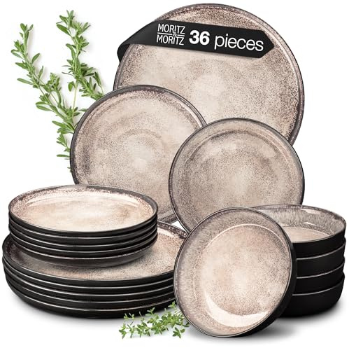 Moritz & Moritz VIDA 36-Piece Beige Porcelain Dinner Set for 12 People - Modern Plates and Bowls Set, Microwave & Dishwasher Safe - Includes Dinner Plates, Soup Bowls & Dessert Plates