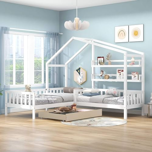 Kinderbett, Hausbett 90x200cm und 140x70cm, Massivholz Rausfallschutz Bett mit Schubladen und Ablage, L-Struktur, Baumhausbett und Lattenrost aus Stabiler Kiefernholz, für 2 Kinder Doppelbett, Weiß