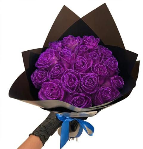 Y-M-H Glitter Rose Bouquet, Artificial Rose Flowers Bouquet, DIY Glitter Everlasting Rose Bouquet for Valentine's Day Gift, Anniversary, Engagement (Purple,18)