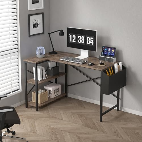 Mcc Direct L Shaped Corner Desk - Computer Desk with Bookshelf, Reversible for Home Office Studio Workstation (Distressed Grey, 120cm)