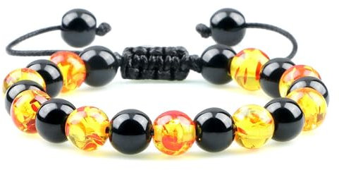 Ayoiow Bernstein Armbänder Damen 8mm, Einstellbar Armband für Frauen Gold Schwarz Bernstein Armbänder